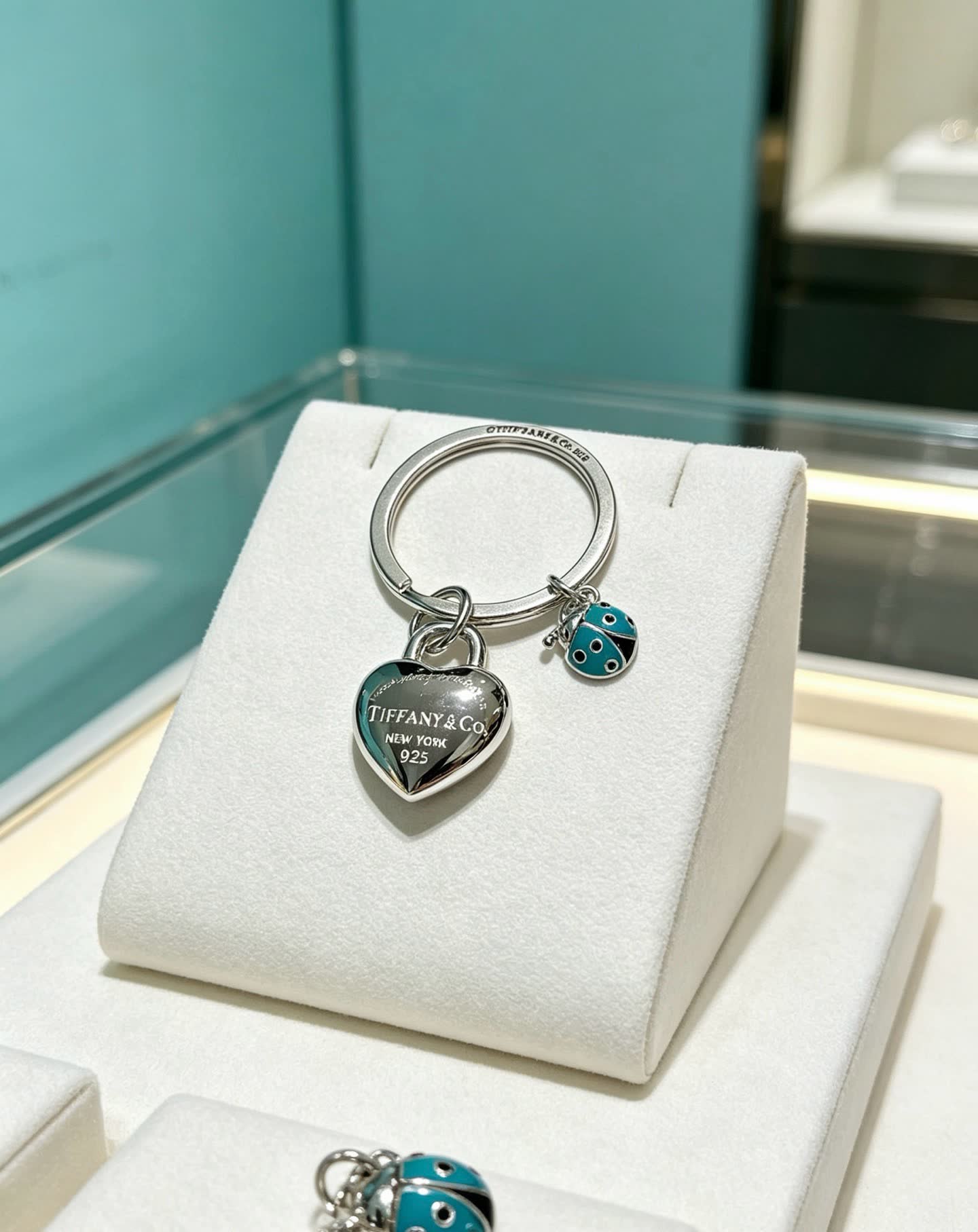 Tiffany & Co. Blue Enamel Ladybug and Heart Key Ring
